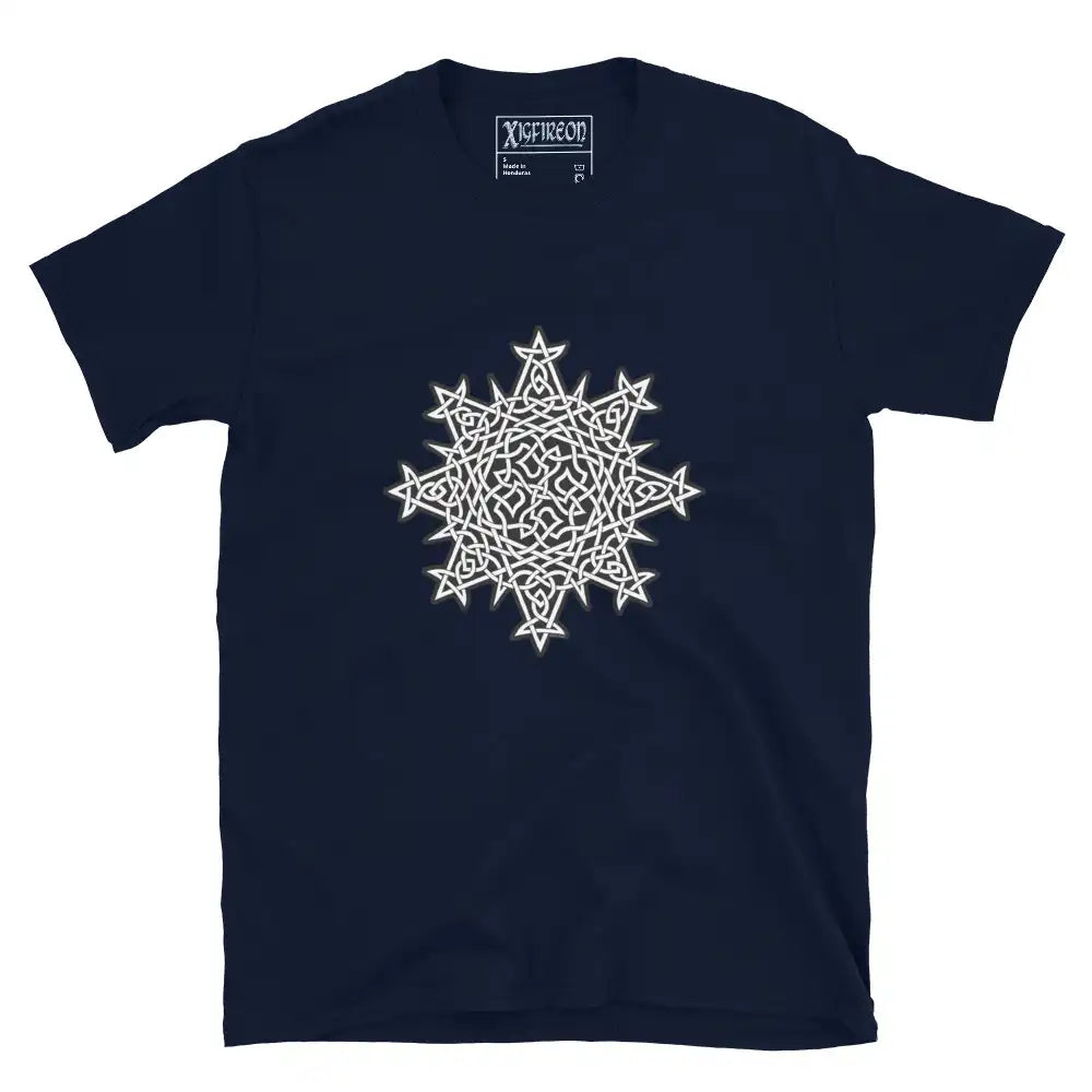 A navy blue Xigfireon graphic t-shirt featuring the Black & White Solid iteration of the Morning Star Fire Celtic knot design. The Morning Star Fire Celtic knot symbolizes the Sun.