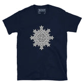 A navy blue Xigfireon graphic t-shirt featuring the Black & White Solid iteration of the Morning Star Fire Celtic knot design. The Morning Star Fire Celtic knot symbolizes the Sun.