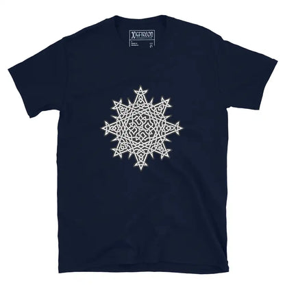 A navy blue Xigfireon graphic t-shirt featuring the Black &amp; White Solid iteration of the Morning Star Fire Celtic knot design. The Morning Star Fire Celtic knot symbolizes the Sun.