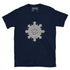 A navy blue Xigfireon graphic t-shirt featuring the Black & White Solid iteration of the Morning Star Fire Celtic knot design. The Morning Star Fire Celtic knot symbolizes the Sun.