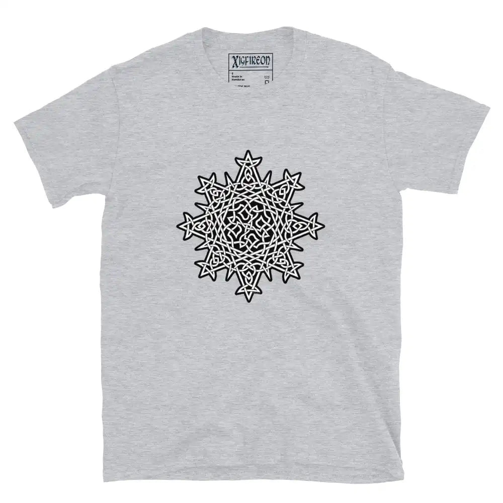 Xigfireon Morning Star Fire Celtic knot graphic t-shirt in Fire Colour on white background.