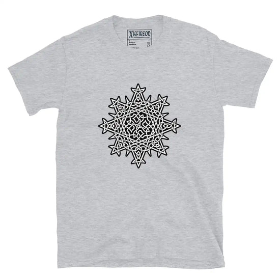 Xigfireon Morning Star Fire Celtic knot graphic t-shirt in Fire Colour on white background.