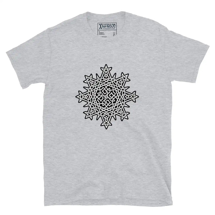 Xigfireon Morning Star Fire Celtic knot graphic t-shirt in Fire Colour on white background.