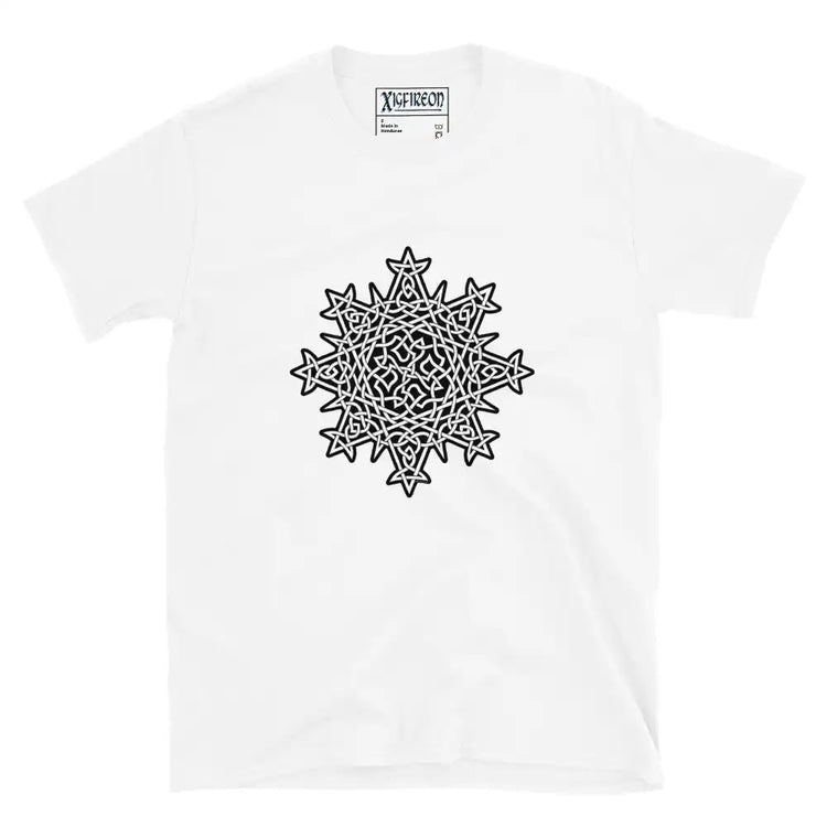 A white Xigfireon graphic t-shirt featuring the Black & White Solid iteration of the Morning Star Fire Celtic knot design. The Morning Star Fire Celtic knot symbolizes the Sun.