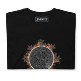 A folded classic black Xigfireon graphic tee featuring the Eclipsed iteration of the Morning Star Fire Celtic knot design, inspired by the Annular Solar Eclipse of 2023.