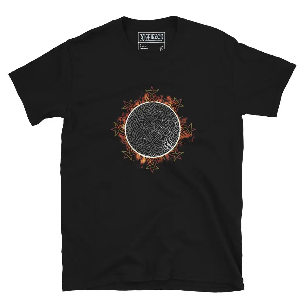 A classic black Xigfireon graphic tee featuring the Eclipsed iteration of the Morning Star Fire Celtic knot design, inspired by the Annular Solar Eclipse of 2023.