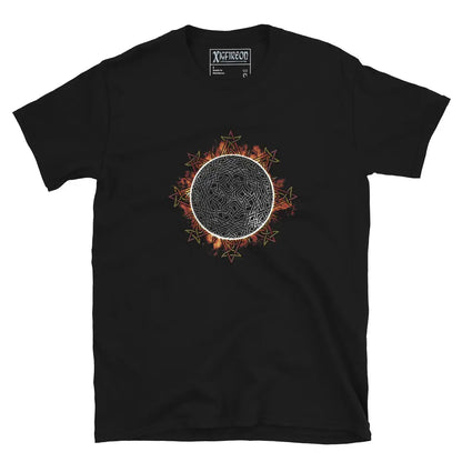 A classic black Xigfireon graphic tee featuring the Eclipsed iteration of the Morning Star Fire Celtic knot design, inspired by the Annular Solar Eclipse of 2023.