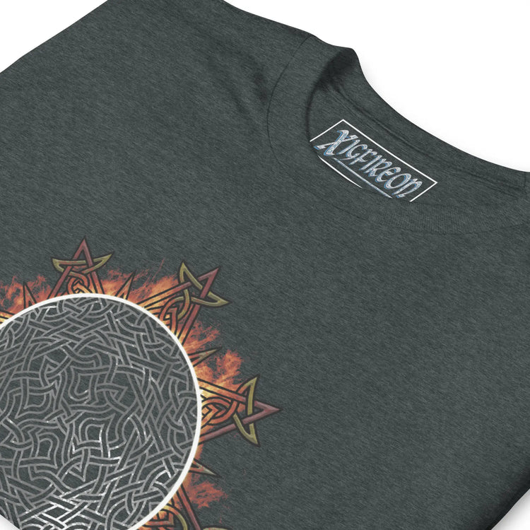 A close-up view of a classic dark heather Xigfireon graphic tee featuring the Eclipsed iteration of the Morning Star Fire Celtic knot design, inspired by the Annular Solar Eclipse of 2023.