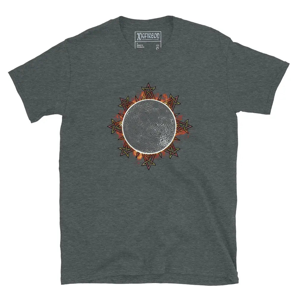 A classic dark heather Xigfireon graphic tee featuring the Eclipsed iteration of the Morning Star Fire Celtic knot design, inspired by the Annular Solar Eclipse of 2023.