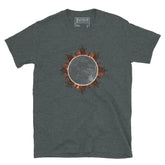 A classic dark heather Xigfireon graphic tee featuring the Eclipsed iteration of the Morning Star Fire Celtic knot design, inspired by the Annular Solar Eclipse of 2023.