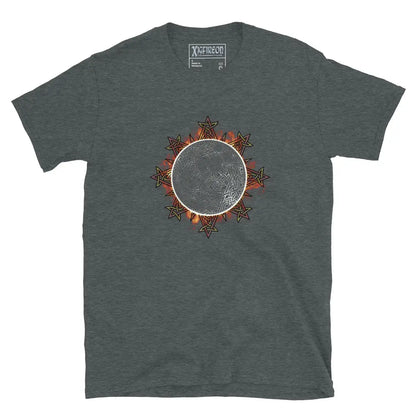 A classic dark heather Xigfireon graphic tee featuring the Eclipsed iteration of the Morning Star Fire Celtic knot design, inspired by the Annular Solar Eclipse of 2023.