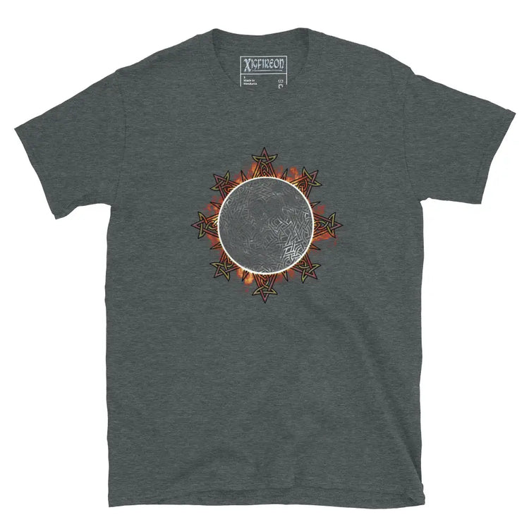 A classic dark heather Xigfireon graphic tee featuring the Eclipsed iteration of the Morning Star Fire Celtic knot design, inspired by the Annular Solar Eclipse of 2023.