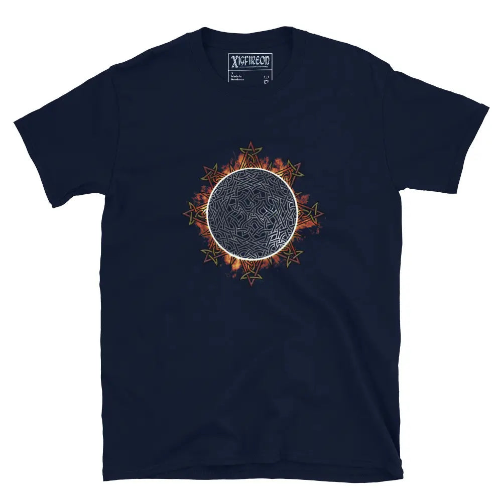 A classic navy blue Xigfireon graphic tee featuring the Eclipsed iteration of the Morning Star Fire Celtic knot design, inspired by the Annular Solar Eclipse of 2023.