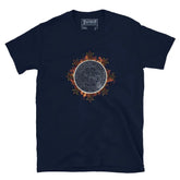 A classic navy blue Xigfireon graphic tee featuring the Eclipsed iteration of the Morning Star Fire Celtic knot design, inspired by the Annular Solar Eclipse of 2023.