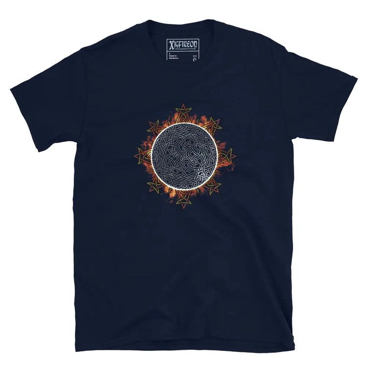 A classic navy blue Xigfireon graphic tee featuring the Eclipsed iteration of the Morning Star Fire Celtic knot design, inspired by the Annular Solar Eclipse of 2023.