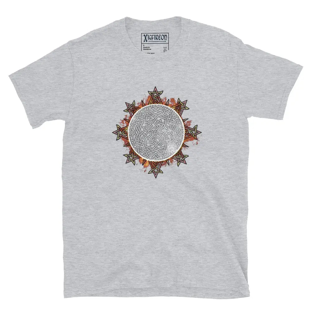 A classic sport grey Xigfireon graphic tee featuring the Eclipsed iteration of the Morning Star Fire Celtic knot design, inspired by the Annular Solar Eclipse of 2023.