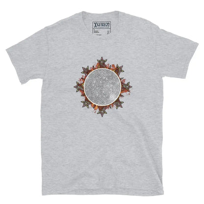 A classic sport grey Xigfireon graphic tee featuring the Eclipsed iteration of the Morning Star Fire Celtic knot design, inspired by the Annular Solar Eclipse of 2023.