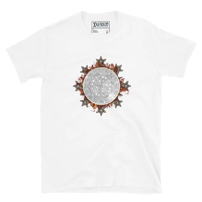 A classic white Xigfireon graphic tee featuring the Eclipsed iteration of the Morning Star Fire Celtic knot design, inspired by the Annular Solar Eclipse of 2023.