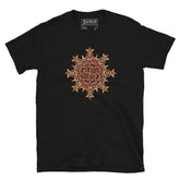 A black Xigfireon graphic t-shirt featuring the Fire Colour iteration of the Morning Star Fire Celtic knot design. The Morning Star Fire Celtic knot symbolizes Father Sun and the eternal Cosmic Light.