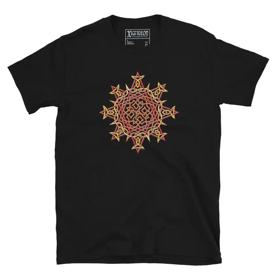 A black Xigfireon graphic t-shirt featuring the Fire Colour iteration of the Morning Star Fire Celtic knot design. The Morning Star Fire Celtic knot symbolizes Father Sun and the eternal Cosmic Light.