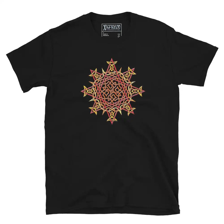 A black Xigfireon graphic t-shirt featuring the Fire Colour iteration of the Morning Star Fire Celtic knot design. The Morning Star Fire Celtic knot symbolizes Father Sun and the eternal Cosmic Light.