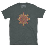 A dark heather Xigfireon graphic t-shirt featuring the Fire Colour iteration of the Morning Star Fire Celtic knot design. The Morning Star Fire Celtic knot symbolizes Father Sun and the eternal Cosmic Light.