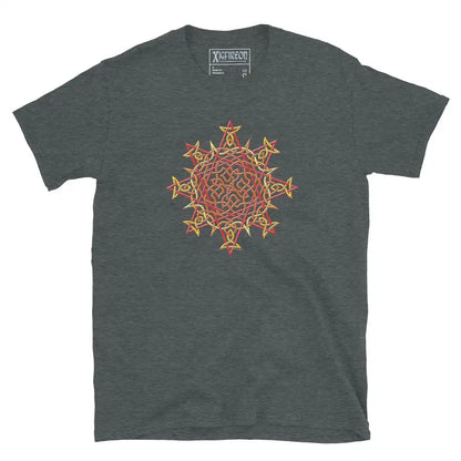 A dark heather Xigfireon graphic t-shirt featuring the Fire Colour iteration of the Morning Star Fire Celtic knot design. The Morning Star Fire Celtic knot symbolizes Father Sun and the eternal Cosmic Light.