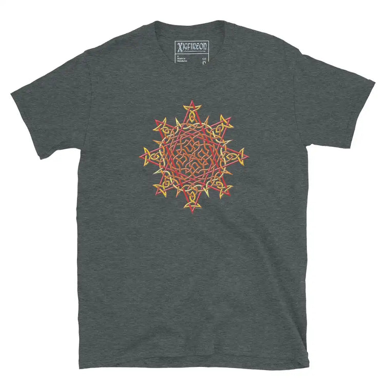 A dark heather Xigfireon graphic t-shirt featuring the Fire Colour iteration of the Morning Star Fire Celtic knot design. The Morning Star Fire Celtic knot symbolizes Father Sun and the eternal Cosmic Light.
