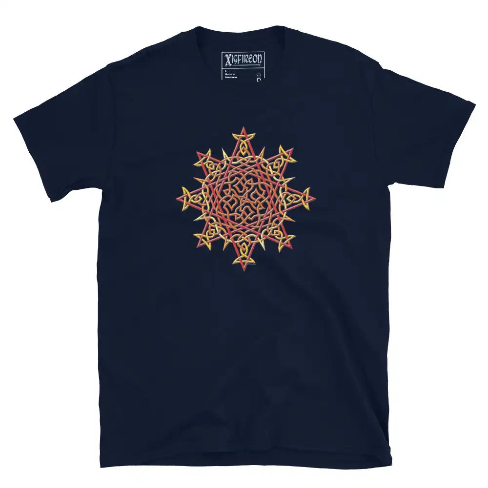 A navy blue Xigfireon graphic t-shirt featuring the Fire Colour iteration of the Morning Star Fire Celtic knot design. The Morning Star Fire Celtic knot symbolizes Father Sun and the eternal Cosmic Light.