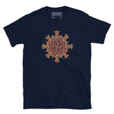 A navy blue Xigfireon graphic t-shirt featuring the Fire Colour iteration of the Morning Star Fire Celtic knot design. The Morning Star Fire Celtic knot symbolizes Father Sun and the eternal Cosmic Light.