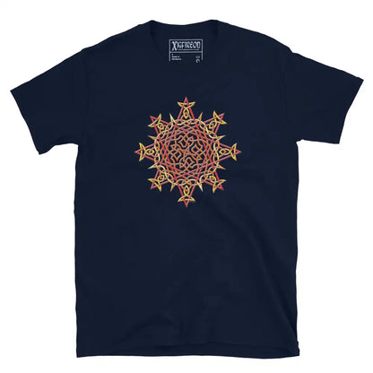 A navy blue Xigfireon graphic t-shirt featuring the Fire Colour iteration of the Morning Star Fire Celtic knot design. The Morning Star Fire Celtic knot symbolizes Father Sun and the eternal Cosmic Light.