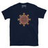 A navy blue Xigfireon graphic t-shirt featuring the Fire Colour iteration of the Morning Star Fire Celtic knot design. The Morning Star Fire Celtic knot symbolizes Father Sun and the eternal Cosmic Light.