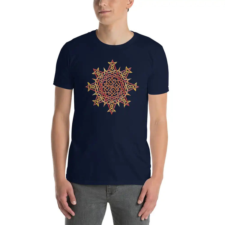 A young man wearing a navy blue Xigfireon graphic t-shirt featuring the Fire Colour iteration of the Morning Star Fire Celtic knot design. The Morning Star Fire Celtic knot represents Father Sun and the eternal Cosmic Light.
