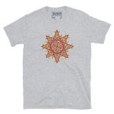 A sport grey Xigfireon graphic t-shirt featuring the Fire Colour iteration of the Morning Star Fire Celtic knot design. The Morning Star Fire Celtic knot symbolizes Father Sun and the eternal Cosmic Light.