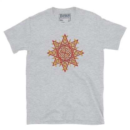 A sport grey Xigfireon graphic t-shirt featuring the Fire Colour iteration of the Morning Star Fire Celtic knot design. The Morning Star Fire Celtic knot symbolizes Father Sun and the eternal Cosmic Light.