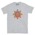 A sport grey Xigfireon graphic t-shirt featuring the Fire Colour iteration of the Morning Star Fire Celtic knot design. The Morning Star Fire Celtic knot symbolizes Father Sun and the eternal Cosmic Light.