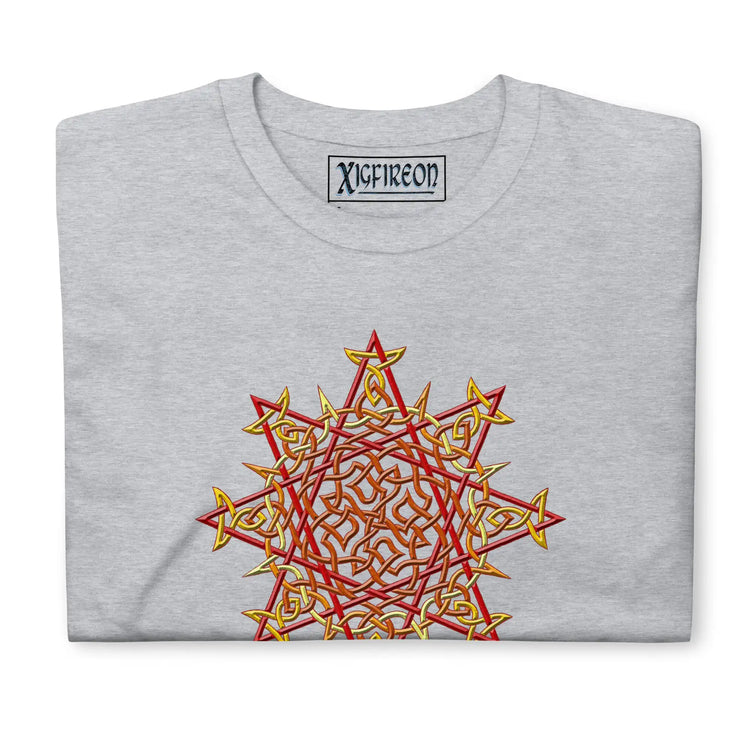 A folded sport grey Xigfireon graphic t-shirt featuring the Fire Colour iteration of the Morning Star Fire Celtic knot design. The Morning Star Fire Celtic knot symbolizes Father Sun.