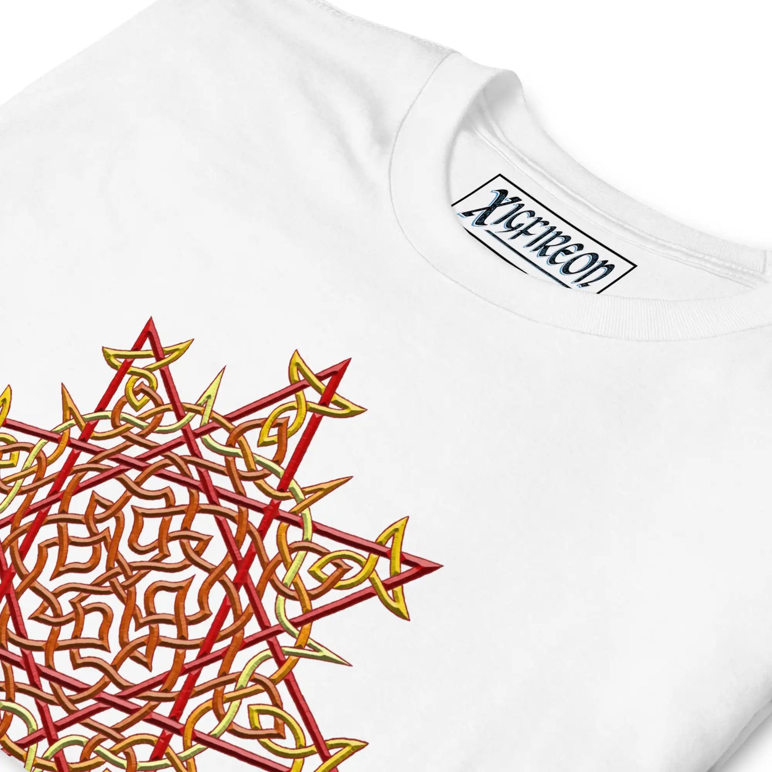 A close-up view of a white Xigfireon graphic t-shirt featuring the Fire Colour iteration of the Morning Star Fire Celtic knot design. The Morning Star Fire Celtic knot symbolizes Father Sun.