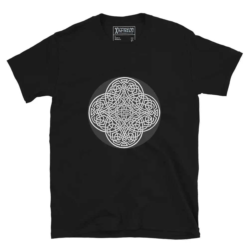 A black Xigfireon graphic t-shirt featuring the Black & White Circle iteration of the Reach Of The Spirit Celtic knot design. The Reach Of The Spirit Celtic knot represents Mother Earth.