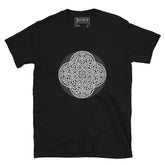A black Xigfireon graphic t-shirt featuring the Black & White Circle iteration of the Reach Of The Spirit Celtic knot design. The Reach Of The Spirit Celtic knot represents Mother Earth.