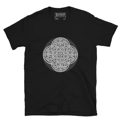 A black Xigfireon graphic t-shirt featuring the Black &amp; White Circle iteration of the Reach Of The Spirit Celtic knot design. The Reach Of The Spirit Celtic knot represents Mother Earth.