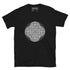 A black Xigfireon graphic t-shirt featuring the Black & White Circle iteration of the Reach Of The Spirit Celtic knot design. The Reach Of The Spirit Celtic knot represents Mother Earth.