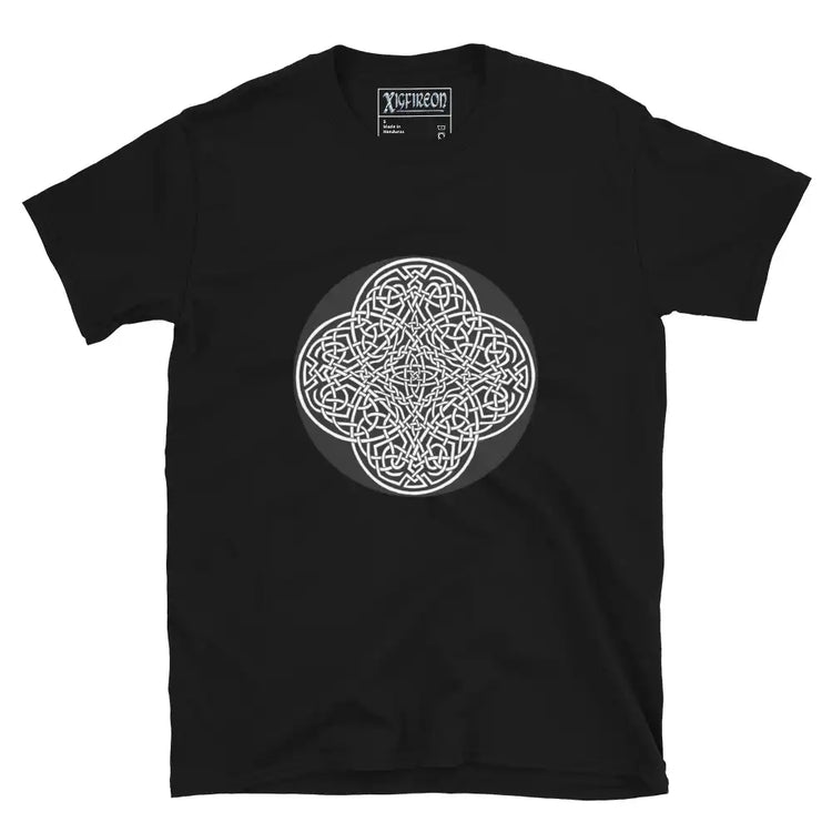 A black Xigfireon graphic t-shirt featuring the Black & White Circle iteration of the Reach Of The Spirit Celtic knot design. The Reach Of The Spirit Celtic knot represents Mother Earth.