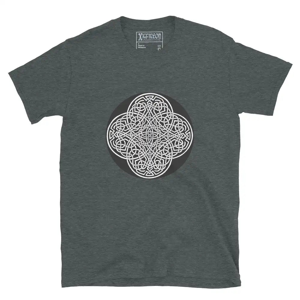 A dark heather Xigfireon graphic t-shirt featuring the Black & White Circle iteration of the Reach Of The Spirit Celtic knot design. The Reach Of The Spirit Celtic knot represents Mother Earth.