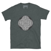 A dark heather Xigfireon graphic t-shirt featuring the Black & White Circle iteration of the Reach Of The Spirit Celtic knot design. The Reach Of The Spirit Celtic knot represents Mother Earth.