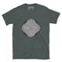 A dark heather Xigfireon graphic t-shirt featuring the Black & White Circle iteration of the Reach Of The Spirit Celtic knot design. The Reach Of The Spirit Celtic knot represents Mother Earth.