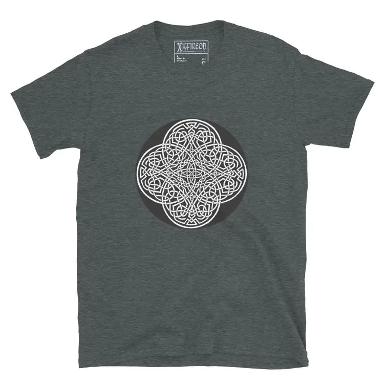 A dark heather Xigfireon graphic t-shirt featuring the Black & White Circle iteration of the Reach Of The Spirit Celtic knot design. The Reach Of The Spirit Celtic knot represents Mother Earth.