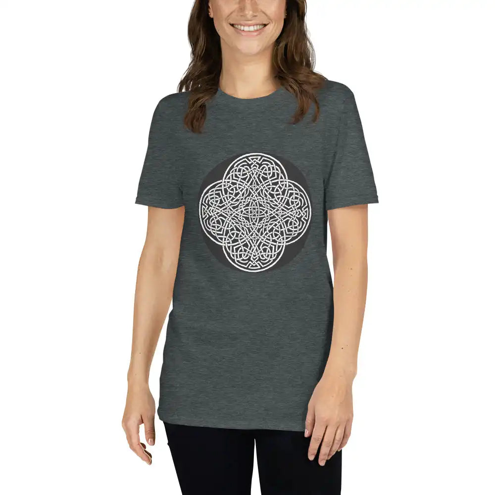 A young woman wearing a dark heather Xigfireon graphic t-shirt featuring the Black & White Circle iteration of the Reach Of The Spirit Celtic knot design. The Reach Of The Spirit Celtic knot represents Mother Earth.