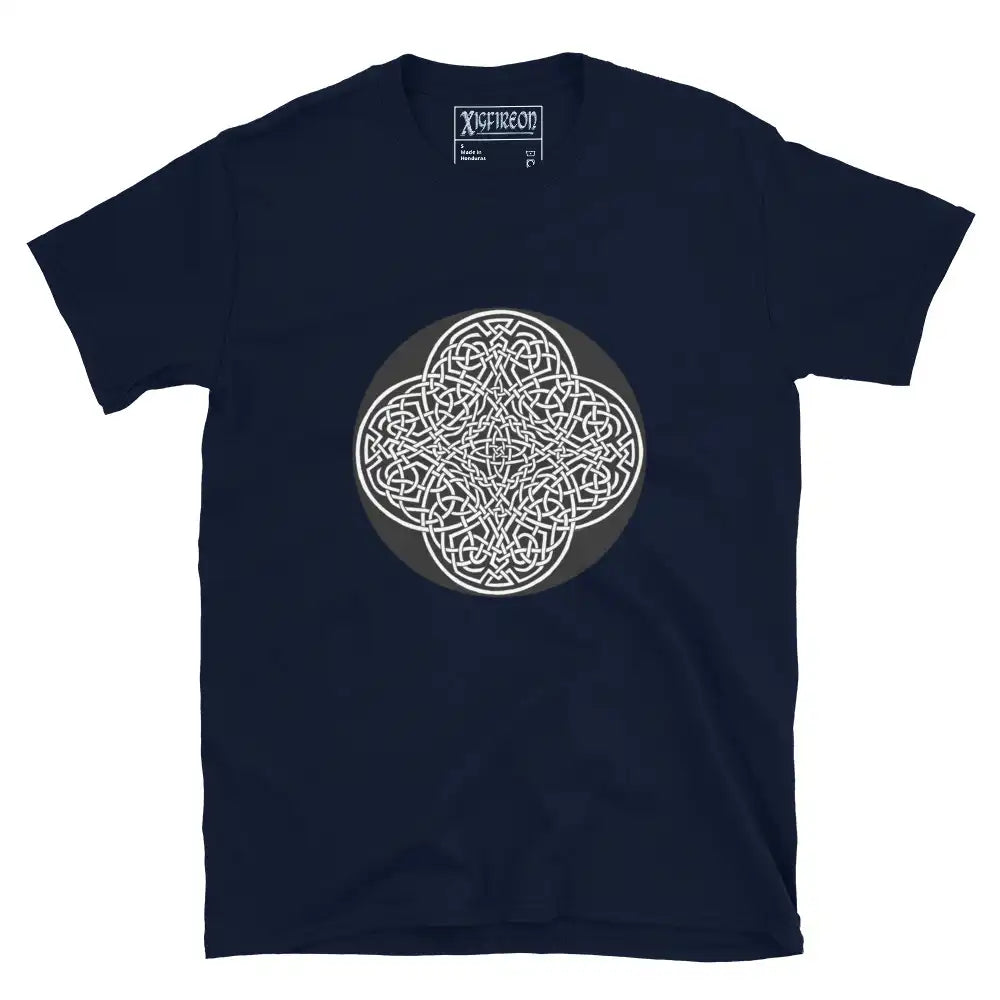 A navy blue Xigfireon graphic t-shirt featuring the Black & White Circle iteration of the Reach Of The Spirit Celtic knot design. The Reach Of The Spirit Celtic knot represents Mother Earth.