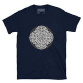 A navy blue Xigfireon graphic t-shirt featuring the Black & White Circle iteration of the Reach Of The Spirit Celtic knot design. The Reach Of The Spirit Celtic knot represents Mother Earth.